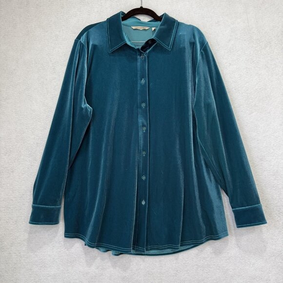 Soft Surroundings Shirt Womens Large Teal Blue Velvet Button Front Long Sleeve - Picture 1 of 10